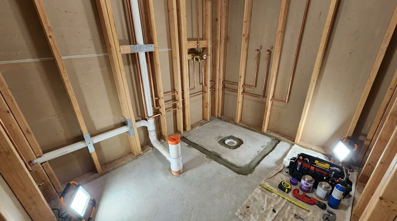 Bathroom rough-in plumbing during remodel by Johns Plumbing LLC in Stamford