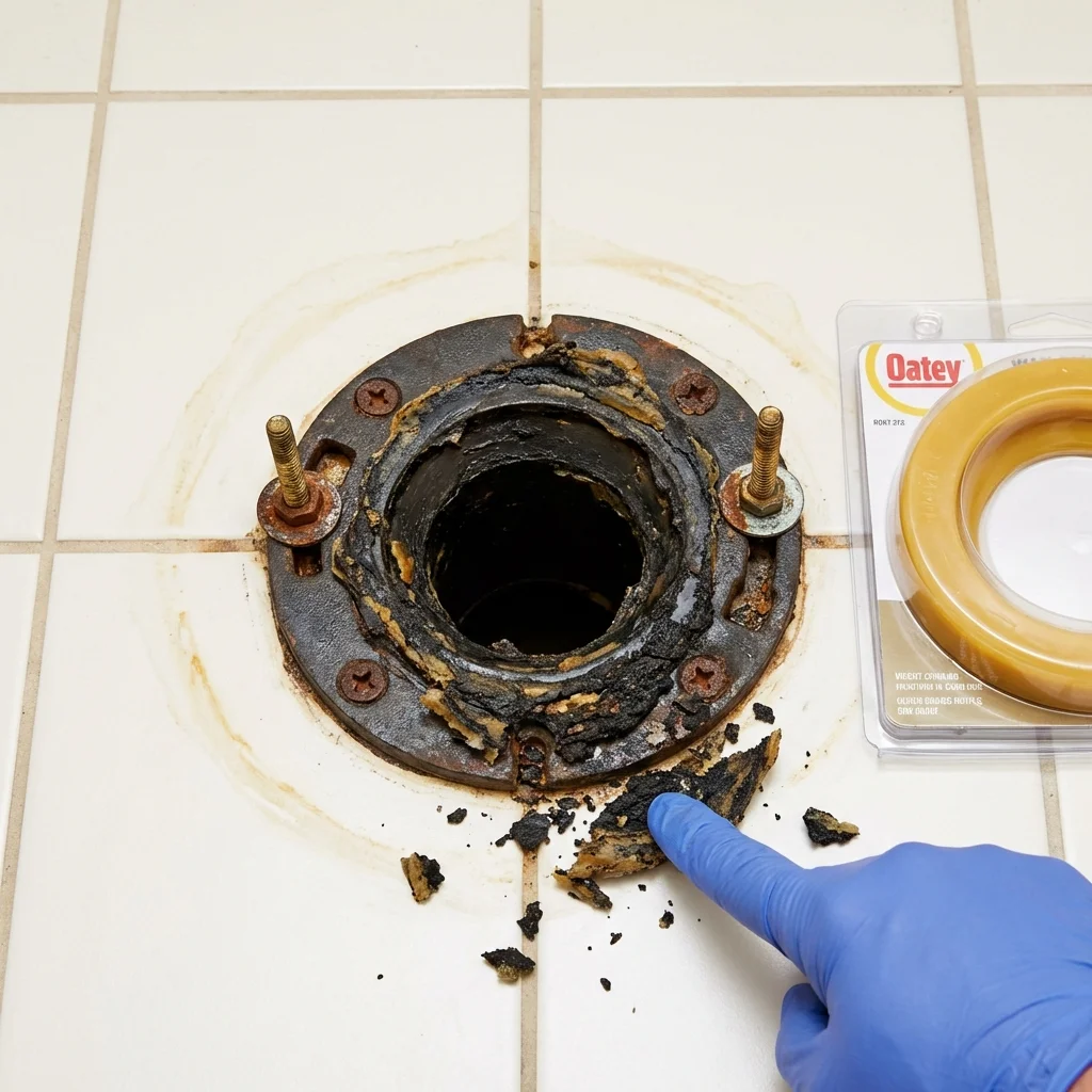 Failed wax ring showing water seepage at the base of a toilet in a Stamford, TX home