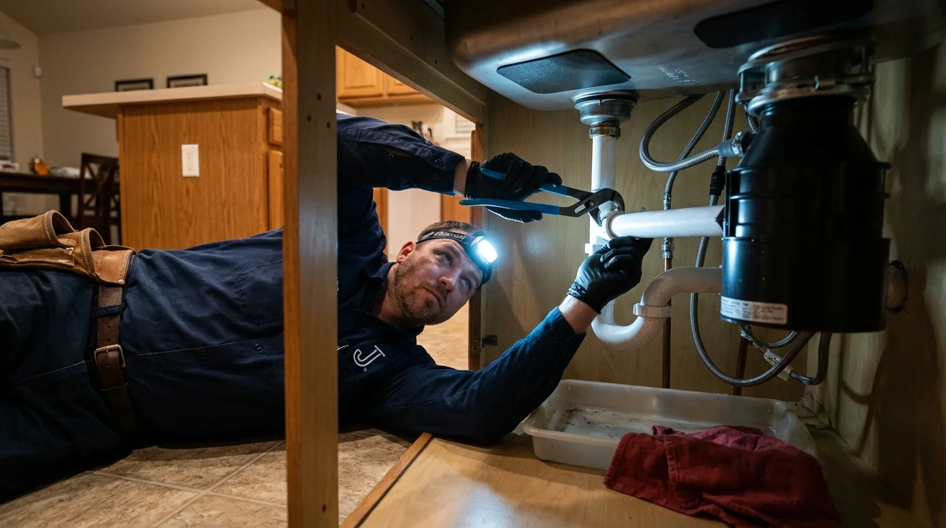 P-trap and supply line connections under a kitchen sink showing a common leak point in Stamford, TX